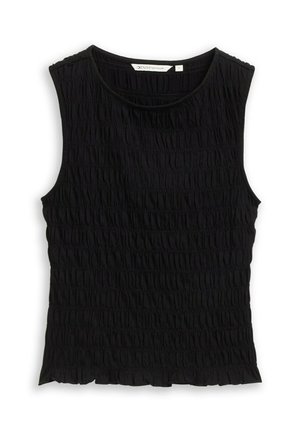 Zwart mouwloos top met gestructureerde, geplooide stof en ronde halslijn, maat small, met denim merklabel aan de kraag.