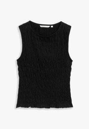 Top nero senza maniche con tessuto strutturato arricciato e scollo tondo, taglia piccola, con etichetta del brand in denim sul colletto.