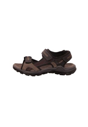 Braune und schwarze Sandalen aus einer Mischung aus Wildleder und synthetischen Materialien, mit verstellbaren Riemen und strukturierten Gummisohlen für besseren Halt.