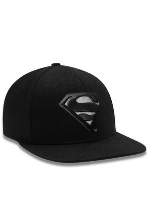 Black flat-brim cap with raised embroidered logo of a stylized "S" inside a shield on the front panel.