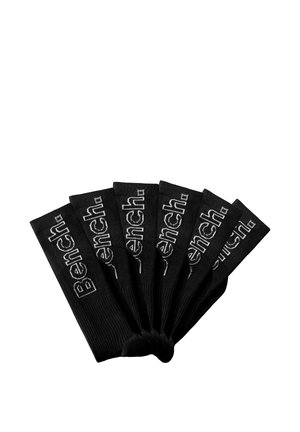Six black crew socks with white "Bench." logo aligned side by side on a white background.