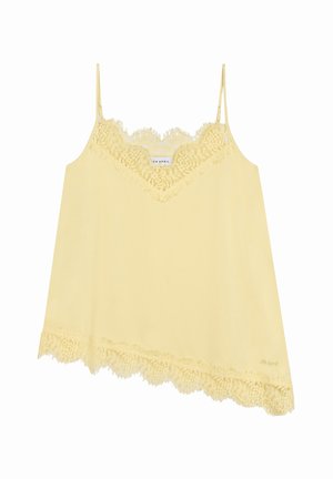 Gele mouwloze top met kanten rand bij de halslijn en zoom, en verstelbare dunne schouderbandjes.