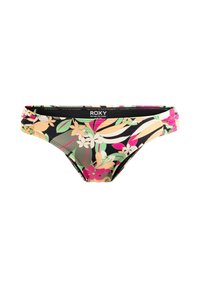 Bas de bikini noir avec un motif floral coloré, comprenant des teintes de rose, vert et beige. Fabriqué en tissu extensible avec un logo Roxy.