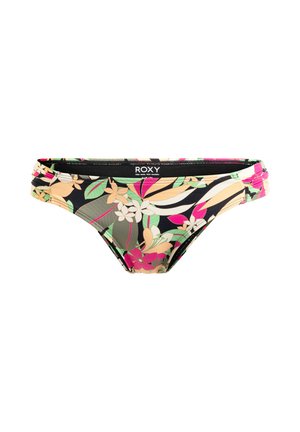 Zwarte bikini onderkant met een kleurrijk bloemenpatroon, met tinten roze, groen en beige. Gemaakt van rekbare stof met Roxy branding.