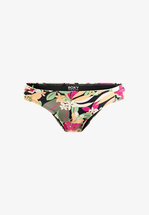 Bikini negro con un patrón floral colorido, que presenta tonos de rosa, verde y beige. Confeccionado en tela elástica con la marca Roxy.
