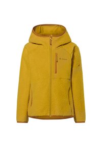 Giacca in pile gialla con cappuccio, materiale testurizzato, chiusura frontale con zip e tasca sul petto. Accenti arancioni su zip e orlo.