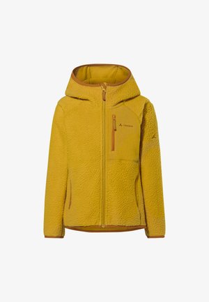 Gele fleecejas met een capuchon, gestructureerd materiaal, voorste ritssluiting en borstzak. Oranje accenten op de ritsen en de zoom.