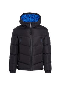 Giacca a vento nera con cappuccio foderato in satin blu, zip anteriore, due tasche a compressione con zip sul petto e polsini elasticizzati.