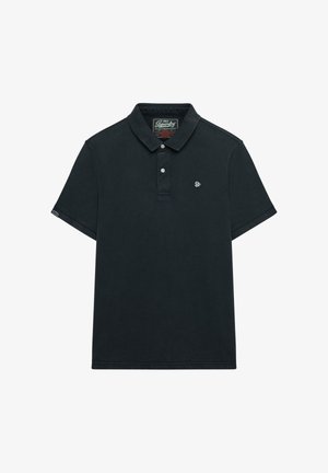 Zwarte polo met korte mouwen, twee knopen, geribbelde kraag en een klein geborduurd logo op de linkerborst.