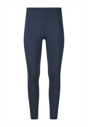 Marineblaue athletische Leggings in voller Länge mit hohem Bund und kleinen reflektierenden Punkten an Oberschenkeln sowie einem Logo am unteren Bein.