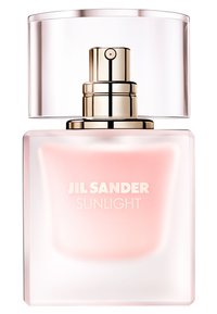 Jil Sander Sunlight parfymeflaske har en firkantet frostet glassbase, lys rosa væske og en klar sylinderformet kapsel med gullinredning.