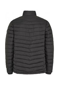 Svart puffjacka med horisontellt quiltat mönster, hög krage och elastiska ärmslut. Lätt material med slät yta.