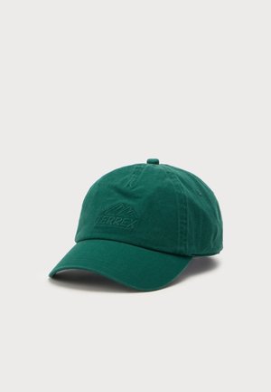 Dunkelgrüne Stoff-Baseballkappe mit gebogenem Schirm und gesticktem Terrex-Logo auf der Vorderseite, dargestellt vor hellem Hintergrund.