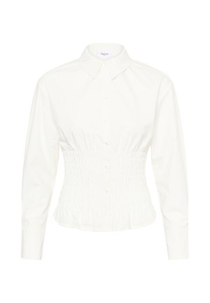 Vit skjorta med knappar fram, figursydd med resår i midjan och långa ärmar. Mjuk bomullstyg, klassisk krage och knappslå fram.