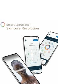 SmartAppGuided app-interface på tre smartphones. Viser hudplejerutinen, session kalender og indeholder en brugerfoto-scanningsfunktion til analyse.