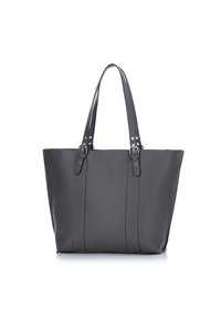 Borsa a tracolla grigia con due manici, realizzata in materiale sintetico texturizzato, con dettagli di cucitura verticale e accenti in metallo argentato.