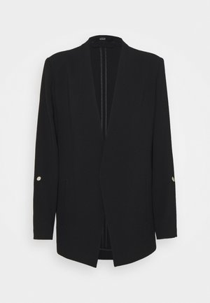 Blazer avvolgente nero in tessuto liscio, con maniche lunghe decorate da bottoni argentati e design frontale aperto.
