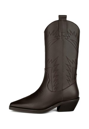 Bota vaquera de cuero marrón con punta afilada, caña alta, costuras decorativas que recuerdan a rayos y tacón cuadrado.