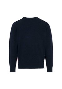 Granatowy sweter, okrągły dekolt, długie rękawy, ściągacze przy rękawach i u dołu, miękki materiał dzianinowy, metka widoczna po lewej stronie.