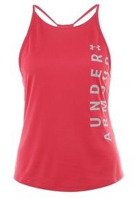 Rotes athletisches Tanktop mit gerippter Textur, einem vertikalen weißen Logo an der Seite und dünnen Trägern für Halt.