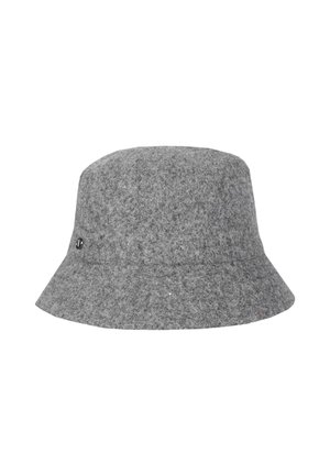 Gray felt bucket hat with a wide, flared brim and a subtle texture. Features a small black logo detail on the side.