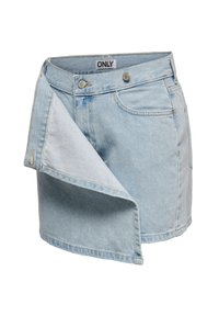 Mini-jupe en jean bleu clair avec rabat avant superposé, boutons métalliques, poche avant et étiquette indiquant "ONLY" à la ceinture.