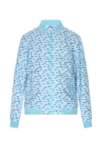 Giacca bomber azzurro chiaro con un motivo animale blu scuro ripetuto, colletto, polsini e orlo a costine, dotata di chiusura con zip frontale.