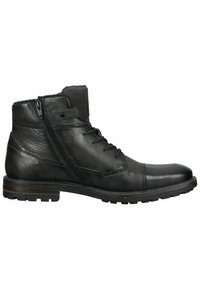 Schwarze Leder-Stiefeletten mit glatter Oberfläche, runder Zehenform, Schnürdesign, seitlichem Reißverschluss, strukturierten Akzenten und einer robusten Sohle.