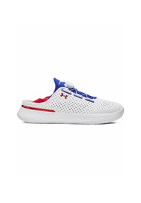 White slip-on shoe with perforated upper, blue accents, red detailing, rounded toe, and a textured sole. Includes a step-in lacing system.