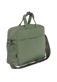 Zelena najlonska torba z oblazinjenim ohišjem, dvojni zgornji ročaji in nastavljivim naramnim trakom. Ima sprednji žep na zadrgo in teksturirane poudarke.
