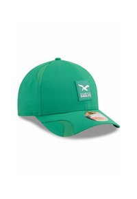 Grüne Baseballmütze aus glattem Stoff, mit Netzseitenpaneelen, einem strukturierten Schirm und einem Aufnäher mit einem Adler-Logo und dem Text "Eagles".