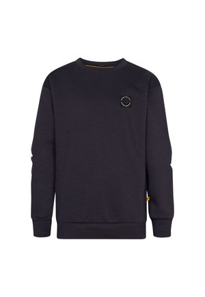Sweatshirt bleu marine foncé en matériau doux, avec un col rond, des manches longues et une petite étiquette avec logo sur la poitrine.