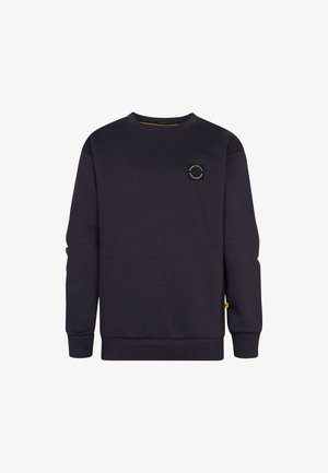 Donkerblauwe sweatshirt gemaakt van zacht materiaal, met een ronde halslijn, lange mouwen en een klein logo-opdruk op de borst.