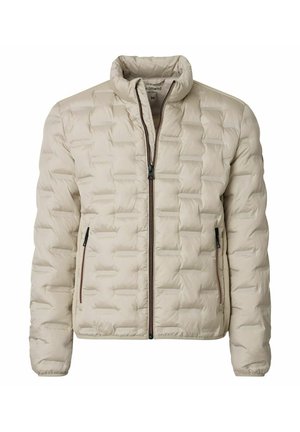 Beige quiltet dunjakke med ståkrave, frontlynlås og lynlåslommer i siderne, vist mod hvid baggrund.