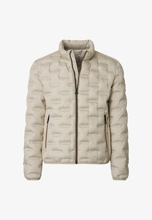 Beige quiltet dunjakke med ståkrave, frontlynlås og lynlåslommer i siderne, vist mod hvid baggrund.