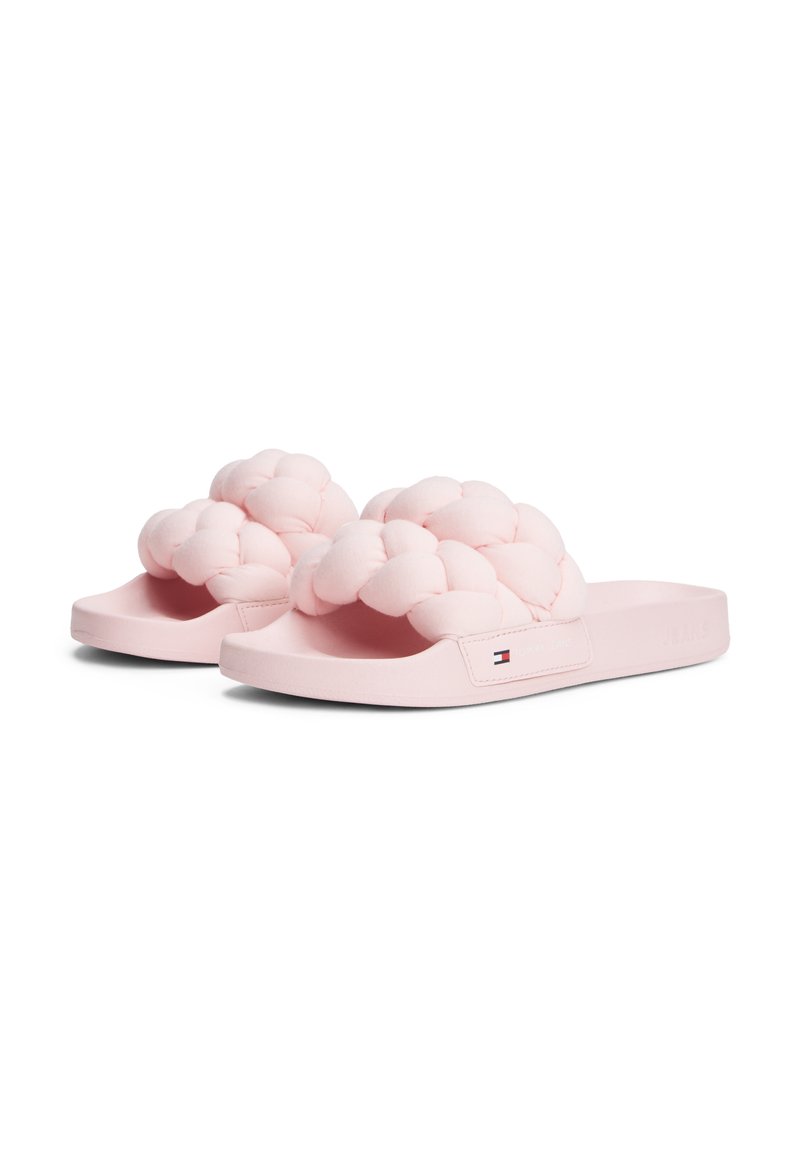 Rosa Rutschsandalen mit gepolsterten, wolkenähnlichen Riemen und einer glatten Sohle. Mit einem Markenlogo an der Seite und einer strukturierten Sohle.