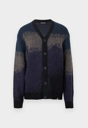 Geplooide cardigan met lange mouwen in gradaties van blauw, grijs en zwart, met een V-hals en geribbelde manchetten en onderrand.