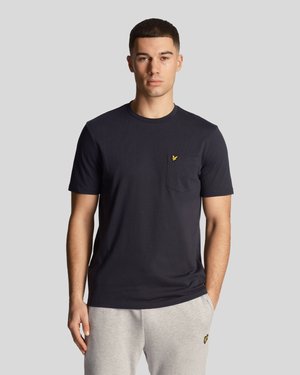 Navy blue short-sleeve t-shirt made of soft fabric, featuring a chest pocket with a yellow logo. Worn with light grey sweatpants.