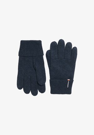 Knitted gloves in dark navy with ribbed cuffs. Features a smooth texture and a logo label on the wrist area. Classic five-finger design.