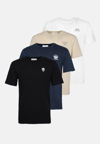 Four cotton T-shirts in black, navy, beige, and white. Features include crew necklines and small graphics: skull, bicycle, classic van, and hand sign.