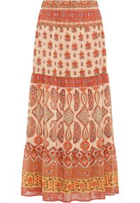 Gelaagd maxi-jurk in licht perzik met bloemen- en paisleypatronen in rood, oranje en groen. Elastische tailleband, vloeiende stof, gerimpelde zoom.