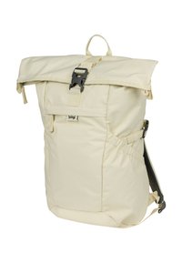 Beige rolovací batoh vyrobený z odolné tkaniny. Disponuje přední kapsou, nastavitelými popruhy a černým uzávěrem na přezku. Hladký povrch.