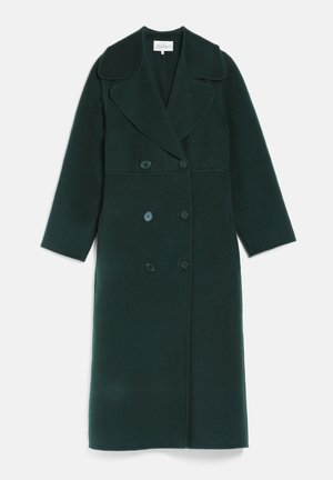 Manteau long en laine vert foncé avec larges revers et fermeture croisée à boutons, présenté à plat sur fond blanc.