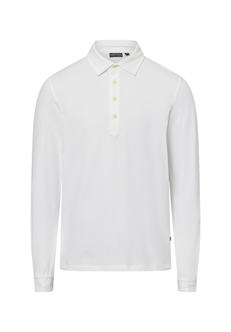 Witte polo met lange mouwen, klassieke kraag, drieknoopsluiting en een rechte zoom. Gemaakt van zachte, textuurstof.