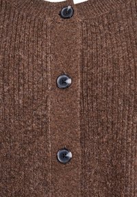 Brauner strukturierter Cardigan mit geripptem Design und vier schwarzen Knöpfen vorne, einem runden Hals und weichem Stoff.