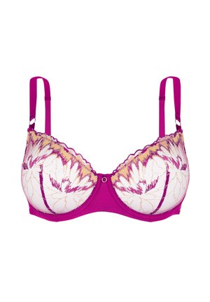 Soutien-gorge à armatures de couleur rose vif avec superposition de dentelle florale en blanc et violet. Comprend des bretelles réglables et un ornement décoratif au centre.