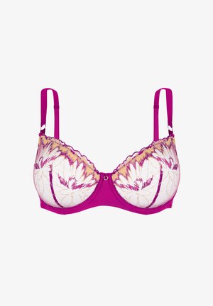 Soutien-gorge à armatures de couleur rose vif avec superposition de dentelle florale en blanc et violet. Comprend des bretelles réglables et un ornement décoratif au centre.