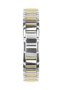 Bracelet de montre en acier inoxydable argenté avec des accents en or jaune alternés. Les maillons rectangulaires créent un motif texturé ; un design épuré et moderne.
