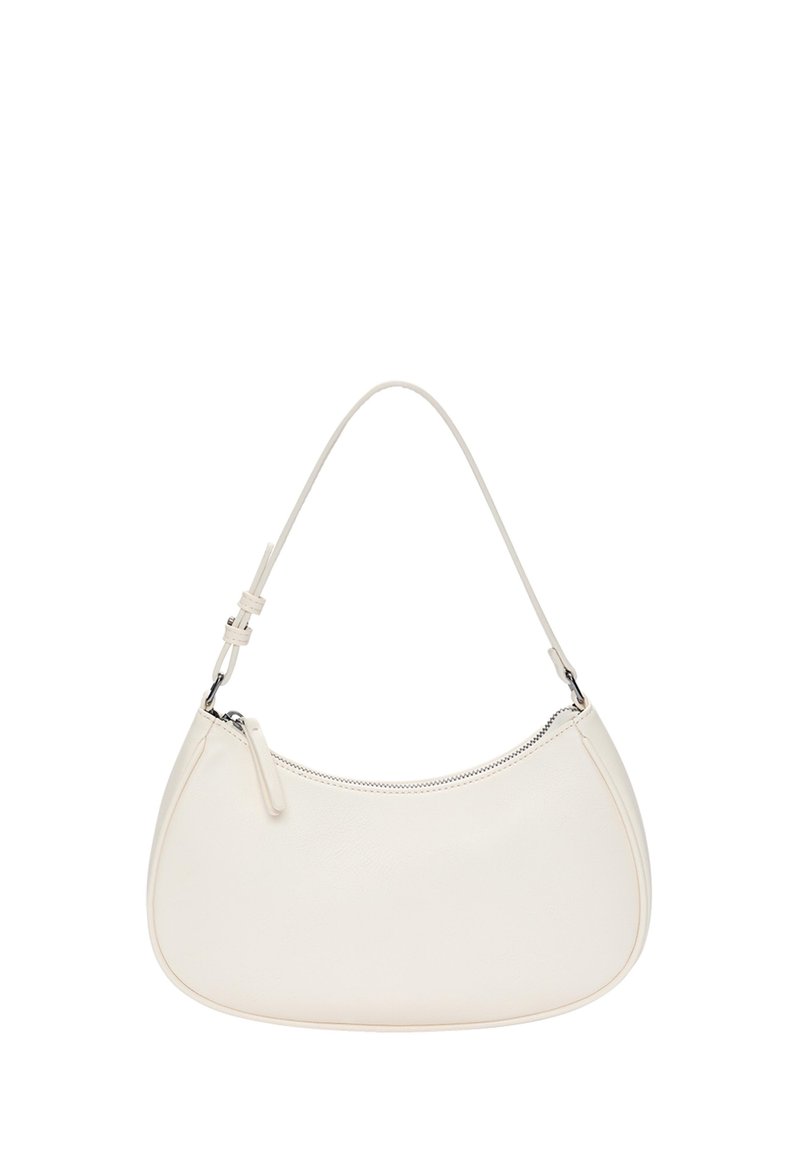White leather handbag featuring a curved shape, adjustable strap, and top zipper closure. Smooth texture with minimal hardware details.