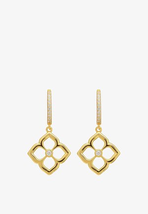 Gouden bloemvormige oorbellen met een glanzende afwerking, voorzien van een centrale heldere edelsteen en een textuurrand versierd met kleine steentjes.